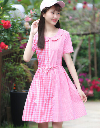裙子女2018新款娃娃领修身初中学生夏装韩版连衣裙夏薄款 粉色格子 m
