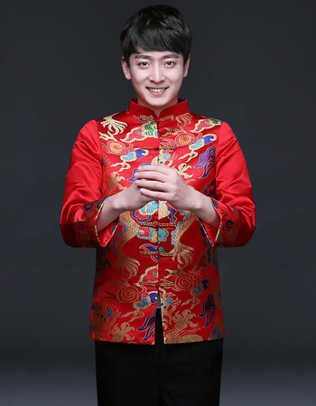 中式礼服秀禾服男装夏季古装喜服新郎结婚红色唐装长袖中山装复古