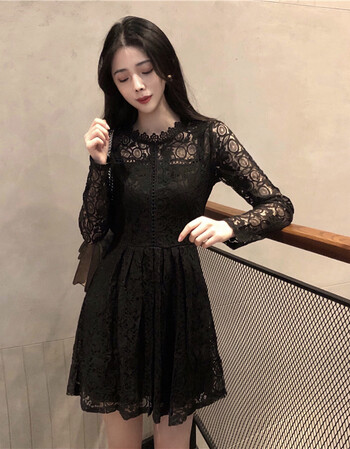 2018春装新款女装黑色镂空蕾丝a字连衣裙名媛气质裙子长袖打底裙 黑色
