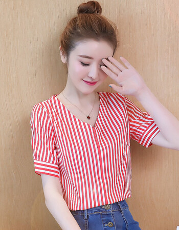 女装夏装2018新款夏季女士条纹短袖t恤韩版宽松遮肚子夏天上衣服 红色