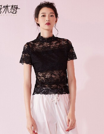 云思木想 小立领蕾丝镂空修身短袖女士上衣 黑色 xl