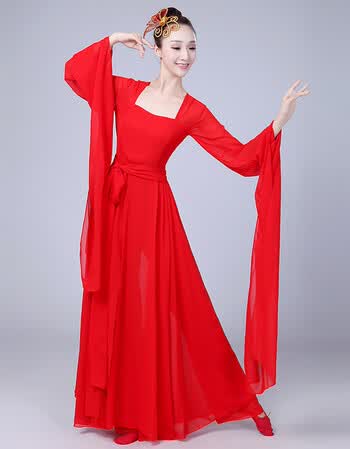 演出服女飘逸水袖舞蹈服装新款中国风广袖流仙襦裙套装成人 红色长袖