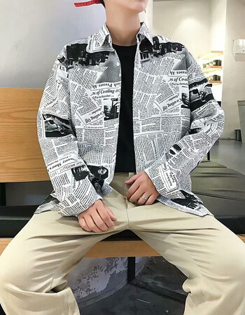 日系长袖衬衫男港风报纸衣服青少年韩版宽松印花ulzzang衬衣 报纸长袖