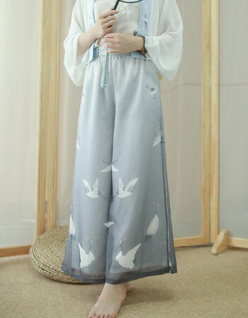灵鹤 清水溪原创设计 改良汉服宋裤女 夏季 复古阔腿裤飘逸休闲裤 里