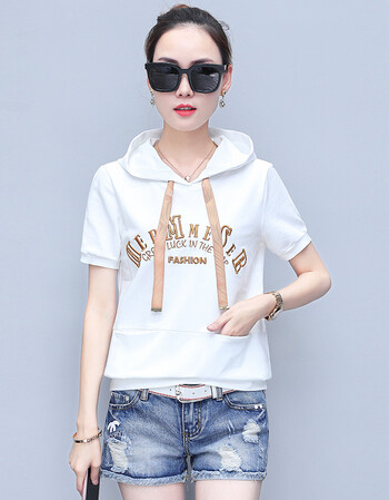卫衣女2018薄款女士夏季带帽短袖t恤修身帽衫连帽半袖女 665白色 m