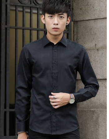 春季男士衬衫长袖韩版修身休闲纯色潮流衬衣男商务免烫青年寸衫 黑色
