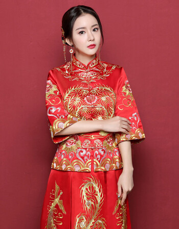 唐装女套装复古结婚新娘装秀禾服中式女唐装套装结婚复古敬酒服红色