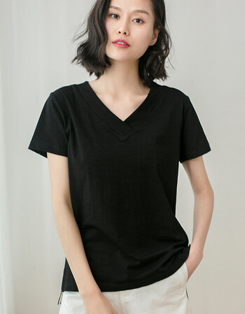 夏装简约大码胖mm竹节棉纯色上衣服半袖v领短袖t恤女 黑色 xl