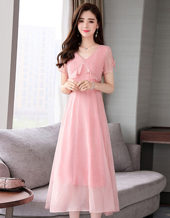 露肩粉色雪纺连衣裙女中长款2018夏季新款时尚韩版收腰温柔仙女裙