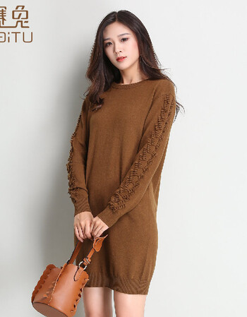 赛兔saitu秋冬纯色长袖圆领羊毛衫长款优雅经典简约现代休闲时尚甜美