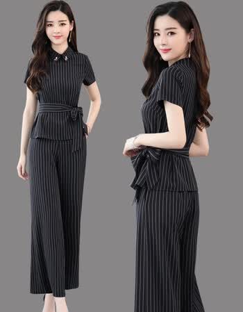 夏季甩裤套装女2018新款时尚大脚裤两件套高腰阔腿裤女神范条纹女装潮