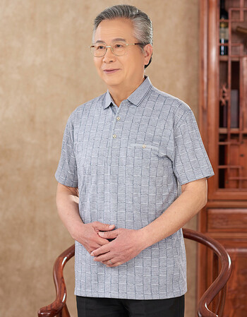 老年人t恤男短袖男装老头汗衫老人上衣宽松翻领体恤爷爷夏季衣服 红色