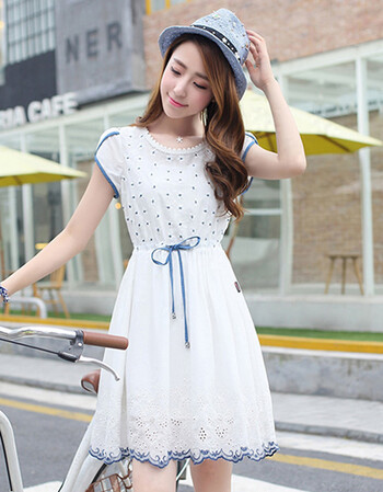 少女初中生韩版夏装甜美裙子女夏 连衣裙 学生 学院风小清新 白色 m