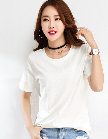 夏季新款纯色白色圆领短袖t恤女宽松韩版纯棉上衣显瘦学生简约女装 米