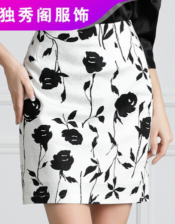 包臀半身裙黑白印花裙2018春夏新款大码高腰包裙一步裙短裙 白底黑花