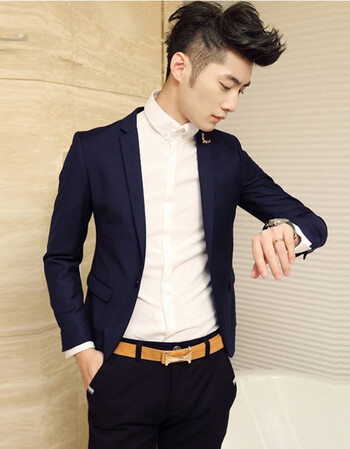 梵藜秋季韩版男士小西服男休闲小西装发型师英伦修身西装外套潮 藏青