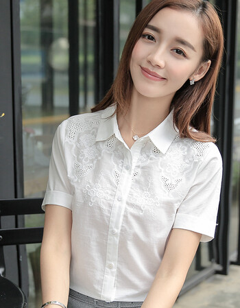 hillken希境017夏季新品衬衫女短袖纯色上衣职业休闲通勤ol职场 白色