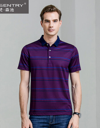 梵森池品牌男装棉质短袖t恤翻领条纹t恤上衣男 2018夏