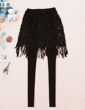 春秋韩版新款修身假两件蕾丝打底裤裙 女外穿小脚裤 流苏款 黑色 s