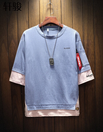 夏季新款圆领短袖t恤男士宽松衣服大码半袖体恤衫韩版潮男装 蓝色 s