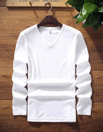 东方狮啸 男士长袖v领春季衣服纯色棉体恤修身款打底衫春装t恤 白色