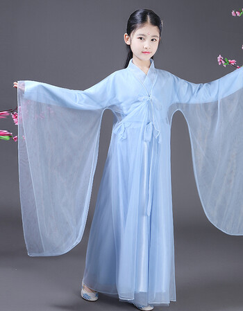 古装服装仙女清新淡雅汉服女童古风公主六一儿童节古筝衣 浅蓝色 110
