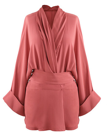 2018春夏新款宽松显瘦v领收腰系带灯笼袖慵懒白色衬衫上衣女 海棠红现