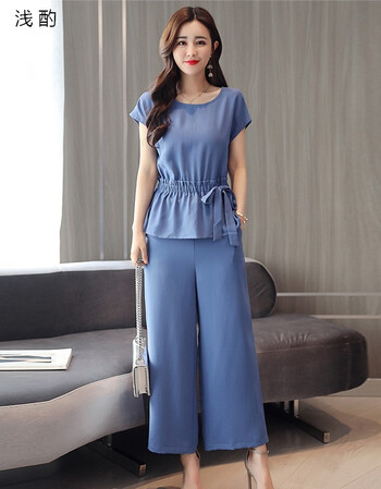 套装女2018夏新款韩版时尚女装气质淑女套裙百搭休闲大码女装 蓝色