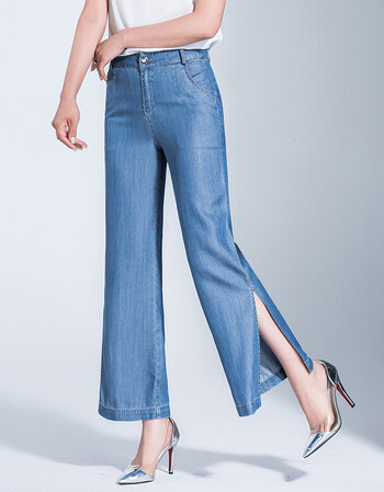 夏季新款宽松九分脚口开叉直筒裤天丝牛仔阔腿裤款宽腿裤女裤百搭休闲