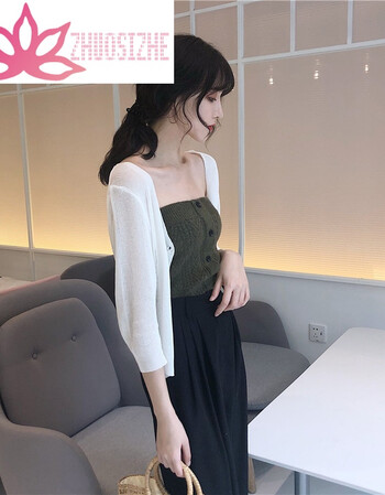 韩风性感露肩针织抹胸夏宽松九分袖薄款防晒开衫短外套 绿色抹胸 均码