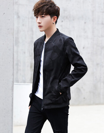18秋冬天潮男印花棒球领绅士男装拉链男士外套上衣夹克 黑色 2xl
