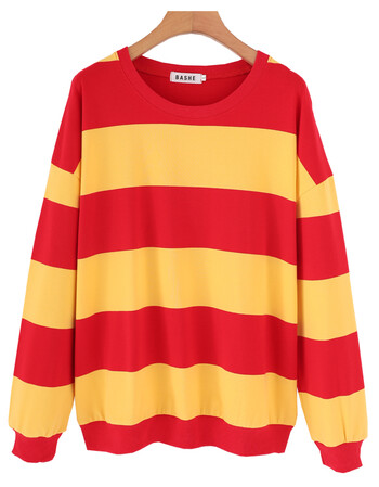 etgaz2018春夏装新款学生宽松拼色短袖条纹卫衣女上衣 黄色拼红色