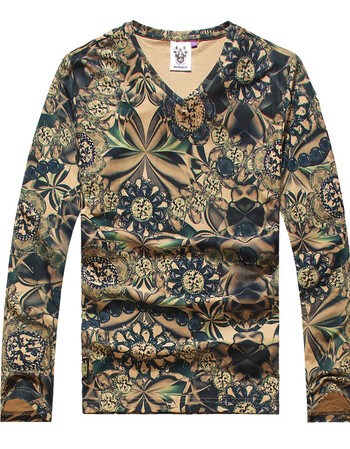 秋冬长袖t恤男个性花纹修身大码印花打底衫日系纹身花体恤潮衣服 花色