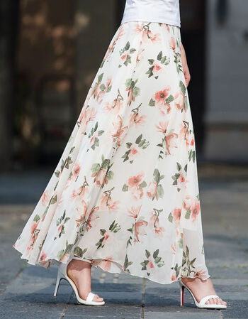 梵藜裙四季夏雪纺碎花半身裙中长款显瘦裙子大摆百褶裙大码沙滩长裙女