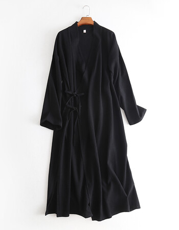 一片式系带简约禅意交领棉麻汉服长袍汉服男装 黑色 m