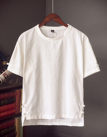 原宿风亚麻短袖t恤男士宽松圆领夏季薄款五分袖潮流衣服半袖男装 白色