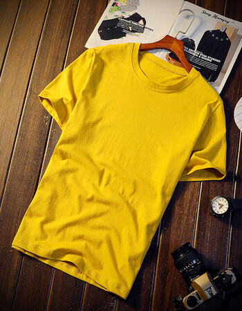 夏季新款短袖t恤男修身韩版纯色体恤衫青少年休闲半袖上衣服 黄色 xl