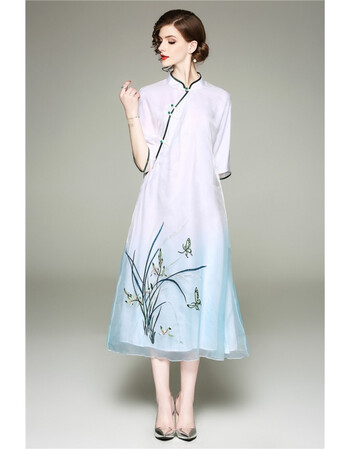 2018新款复古时尚渐变色兰花刺绣改良式欧根纱旗袍连衣裙 白色 xl