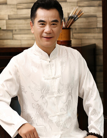 中老年唐装男短袖真丝绸缎套装中式休闲大码长袖爸爸晨练服 大龙白色