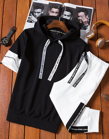 男夏季2018新款短袖卫衣连帽套头韩版潮流中学生衣服 862款黑衣白裤