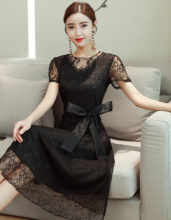 夏季连衣裙女2018新款短袖中长款气质修身显瘦温柔网纱蕾丝裙子仙