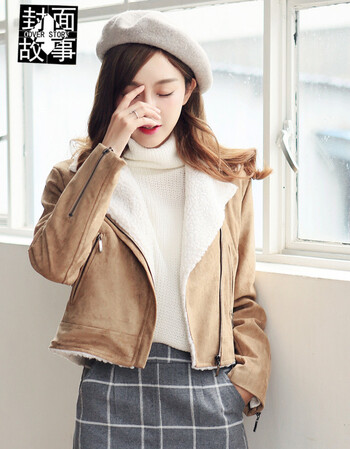 封面故事2015年冬款女装短款鹿纤绒羊羔毛领加棉机车服加棉外套 黄色 M
