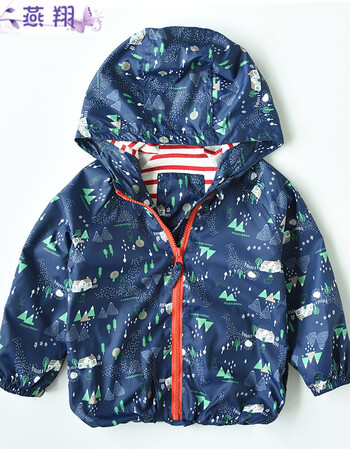初秋薄款外套 儿童连帽防风衣夹克 全棉内衬 男童女童秋装新款 蓝底