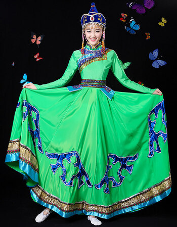 新款蒙古族演出服少数民族舞蹈长裙大摆裙表演服装内蒙古女春 绿色 xl