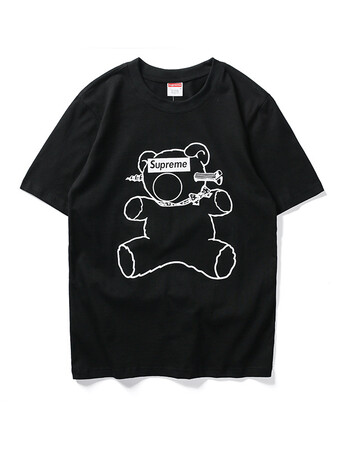 国潮clotins2018 欧美潮牌卡通小熊印花t恤短袖 男女情侣装 黑色 xl