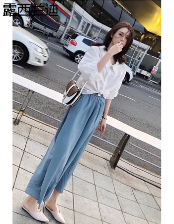 风网红气质两件套衬衫上衣女装阔腿裤时尚套装潮 白色衬衣 蓝色阔腿裤