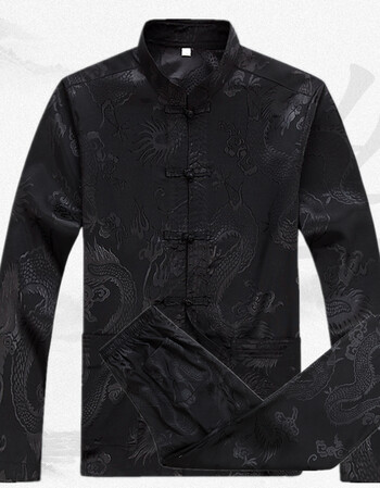 套装中老年人中式中国风蚕丝民族服装大码爷爷套装 大龙黑色长袖套装