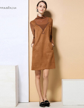 美莎帕mesappas 时尚高领网纱拼接钉珠连衣裙 浅棕色 xl