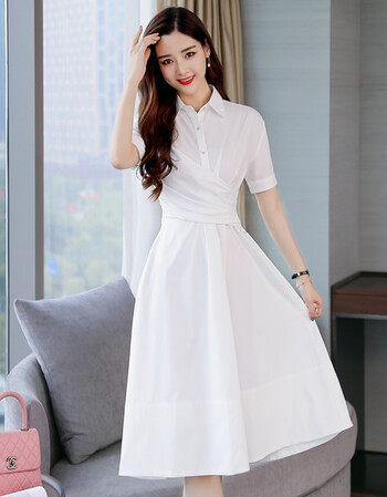 简小清新白色衬衫连衣裙女夏2018新款冷淡风收腰中长款衬衣裙子 白色