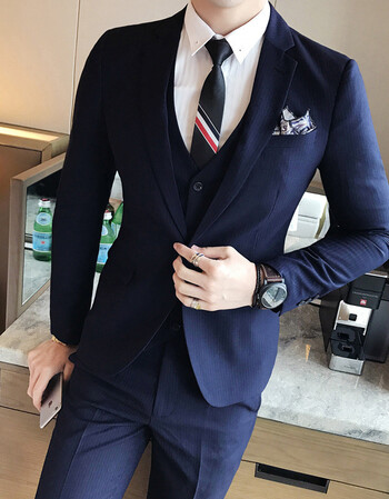男装韩版修身条纹小西装西服套装男生正装正式场合套装 深蓝色 56